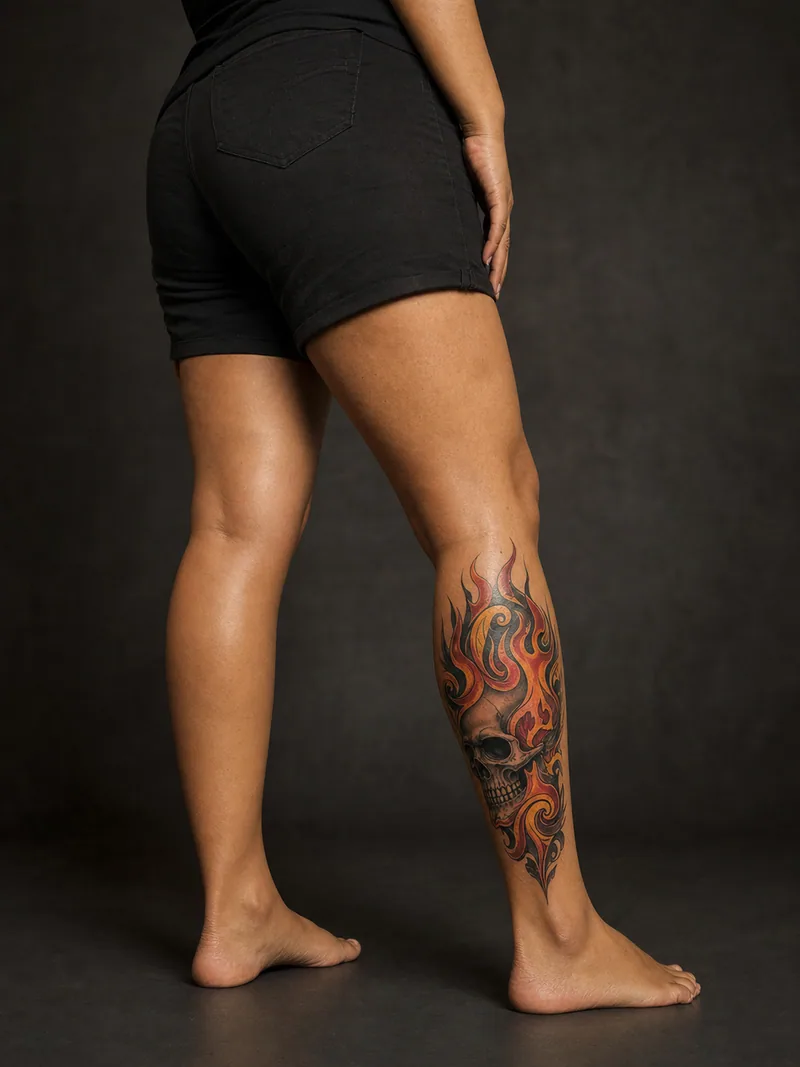 Flaming skull tattoo - stylized decorative skull surrounded by bold rising flames