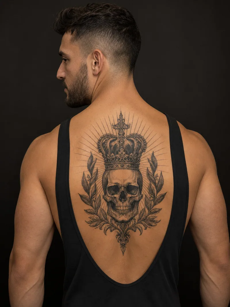 Crowned skull tattoo - crowned skull framed by ornamental rays and laurel leaves