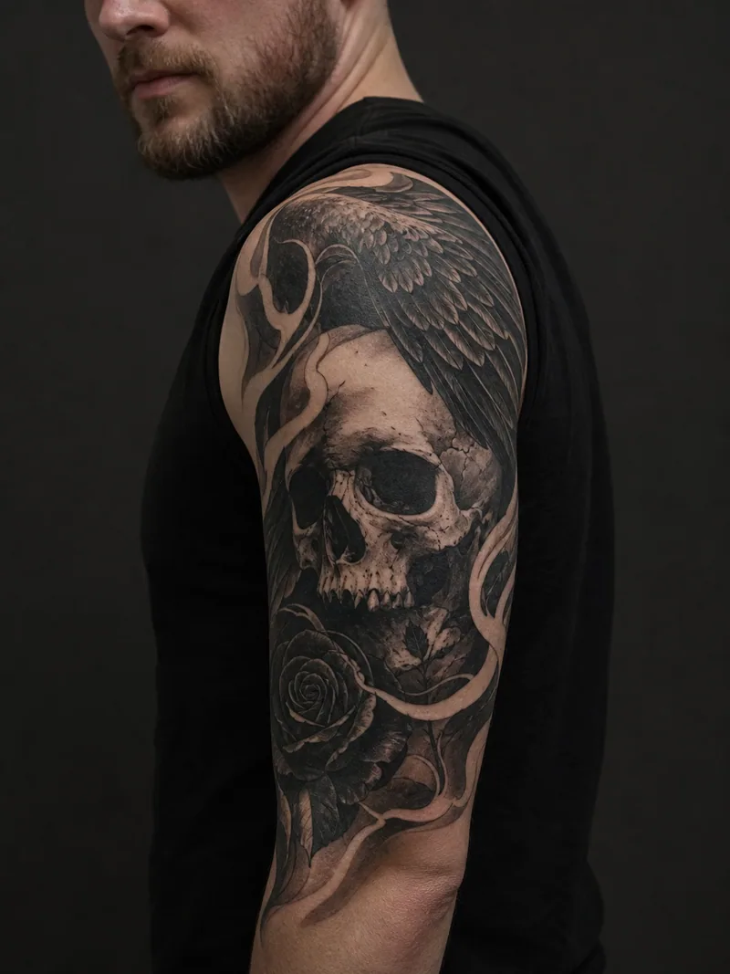 Skull half sleeve tattoo - central skull, raven feathers, dark roses and flowing ink textures