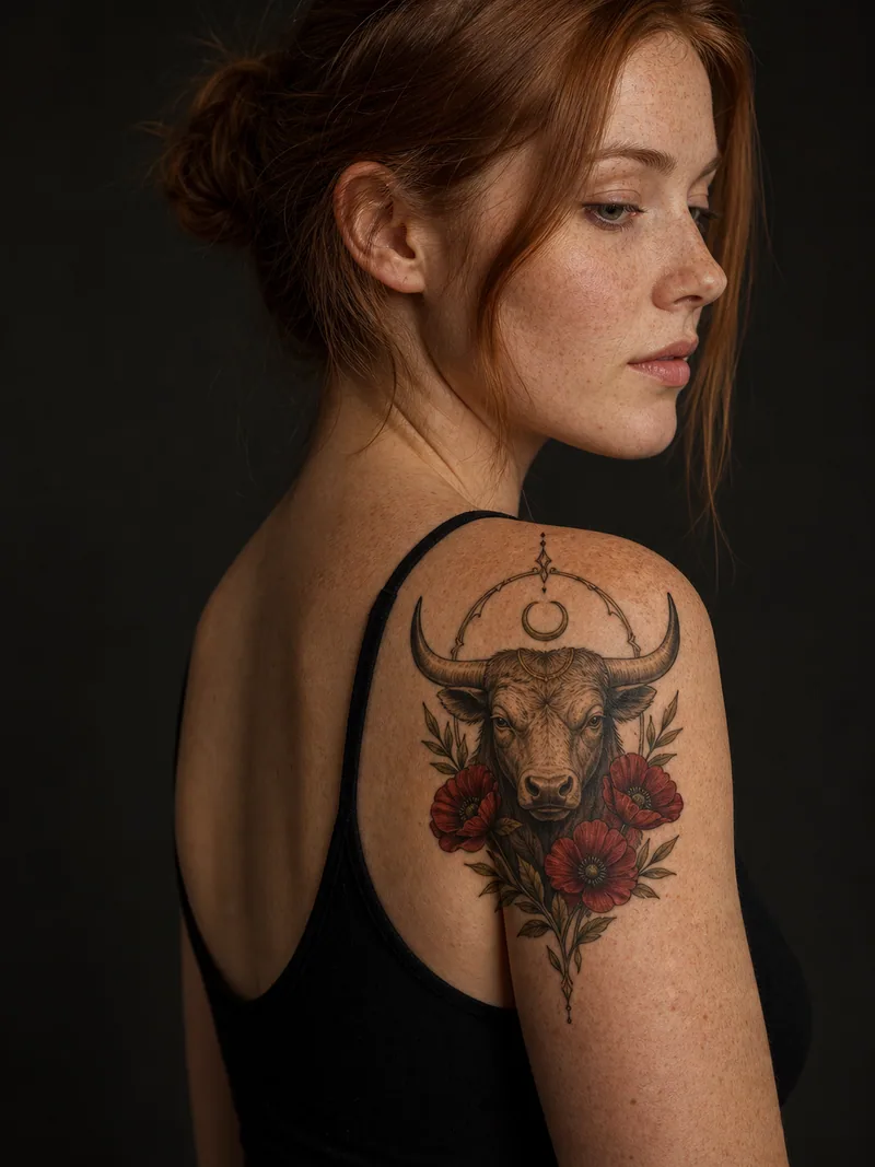 Taurus shoulder tattoo - bull portrait framed by red poppies, olive leaves and a crescent detail