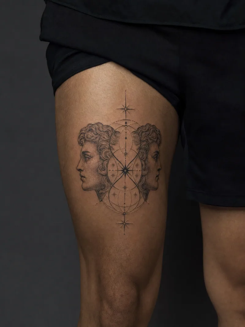 Gemini thigh tattoo - mirrored classical twin profiles joined by precise celestial geometry