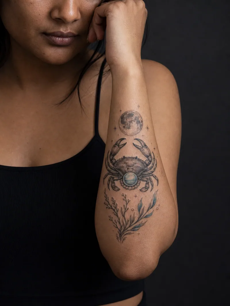 Cancer forearm tattoo - moonlit crab with a pearl, stars and delicate ocean plants