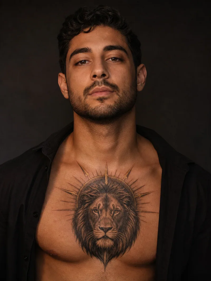 Leo chest tattoo - realistic lion portrait centred inside a radiant sun halo
