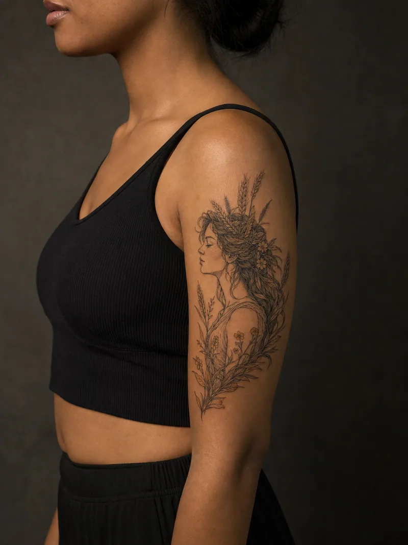 Virgo upper arm tattoo - graceful maiden profile woven through wheat and small wildflowers