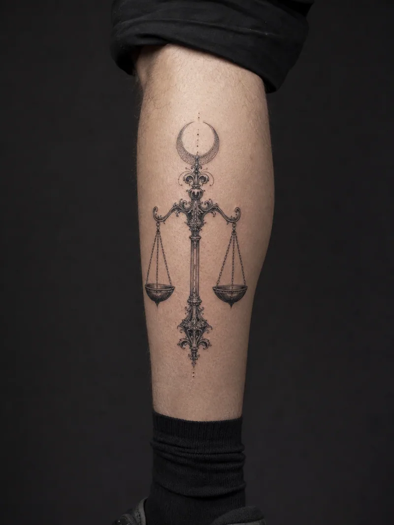 Libra calf tattoo - ornate balanced scales suspended beneath a detailed crescent moon