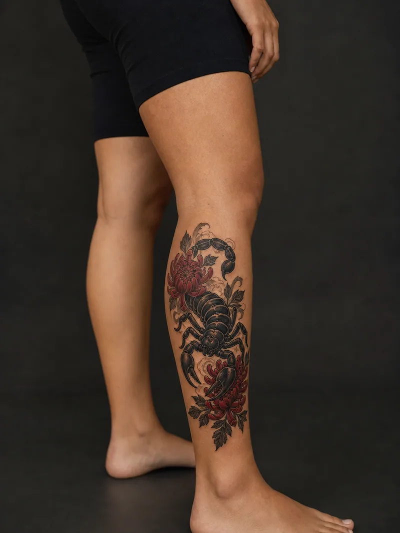 Scorpio calf tattoo - bold black scorpion surrounded by layered crimson chrysanthemums