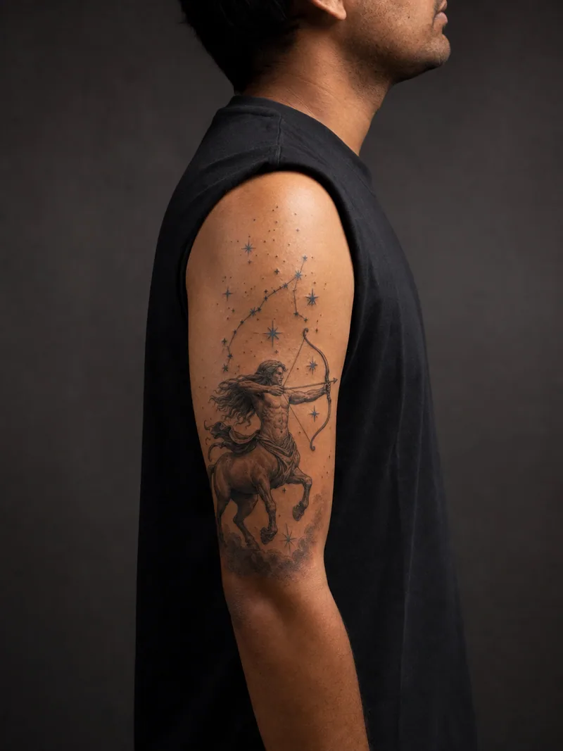 Sagittarius upper arm tattoo - dynamic centaur archer drawing a bow beneath a field of stars