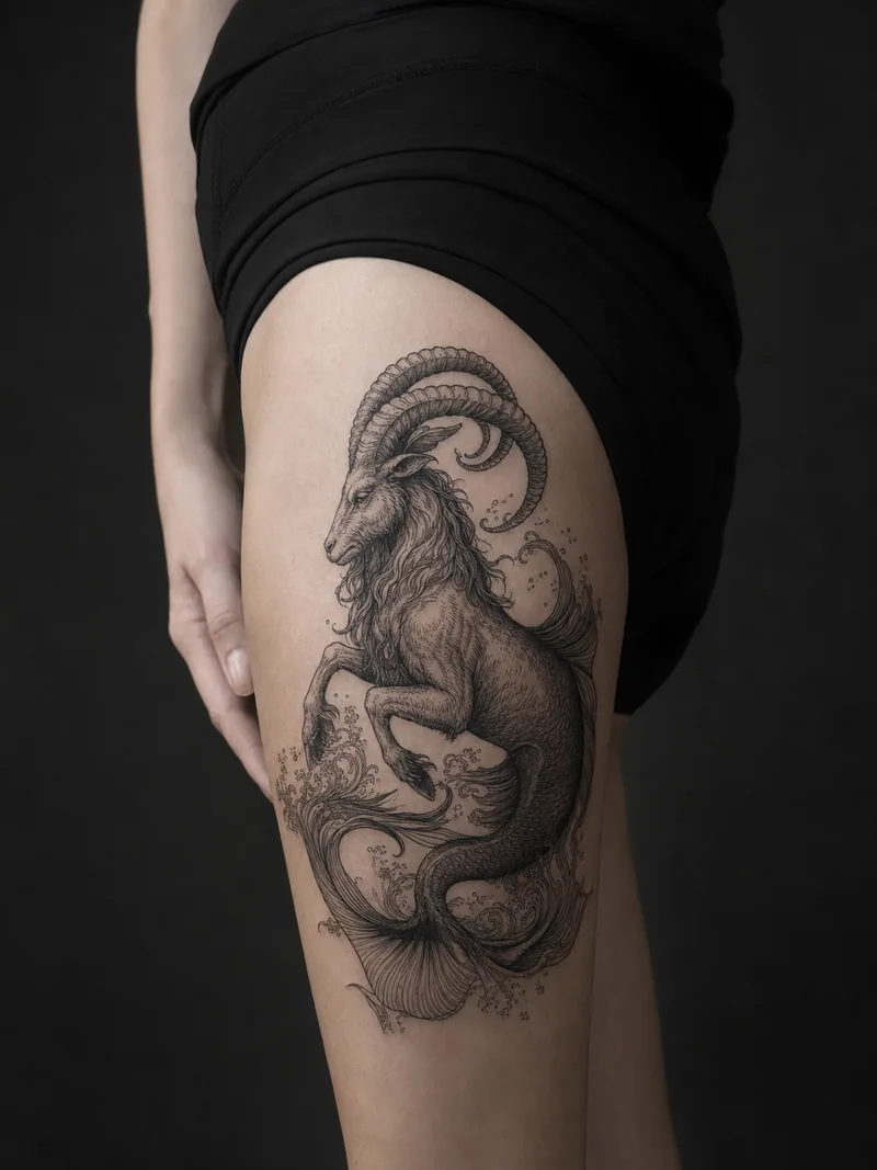 Capricorn thigh tattoo - mythic sea goat with curled horns, a flowing tail and small waves