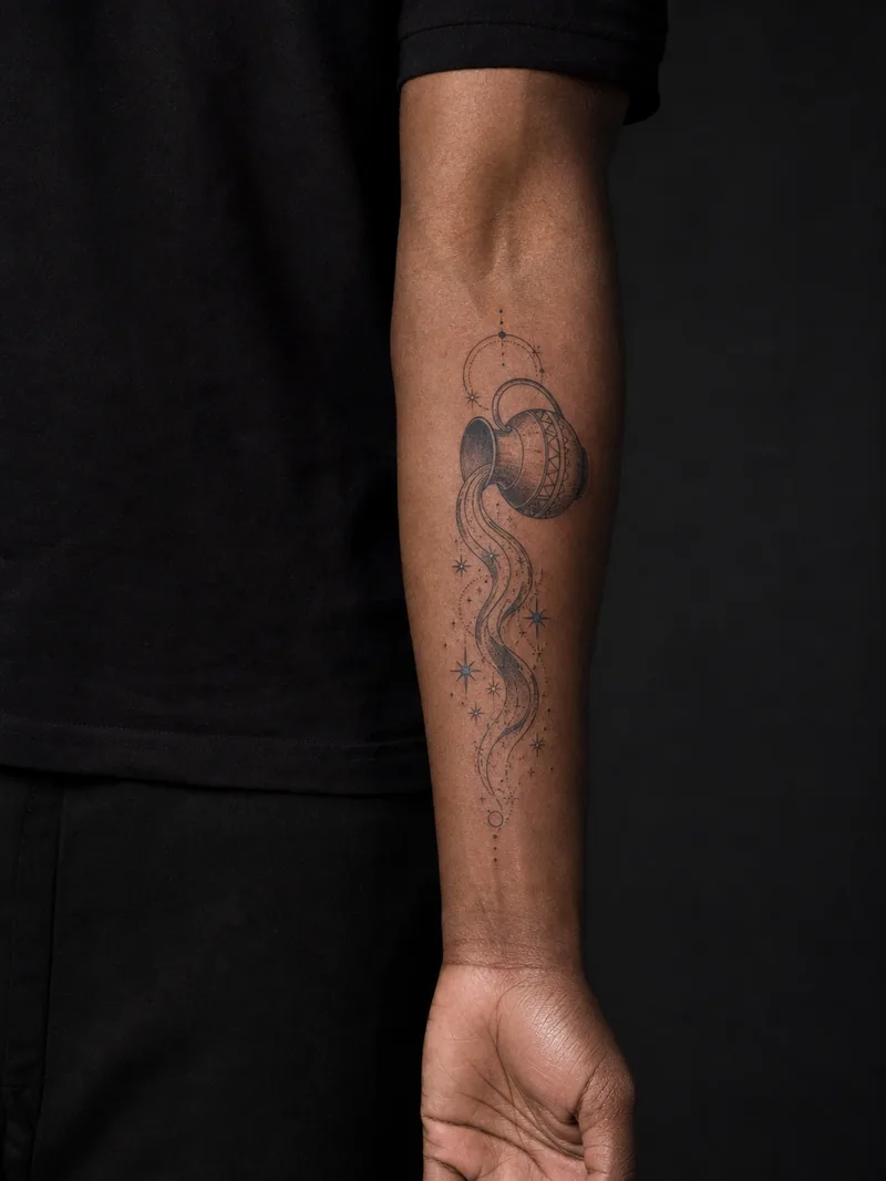 Aquarius forearm tattoo - ornamental vessel pouring a ribbon of celestial water into stars