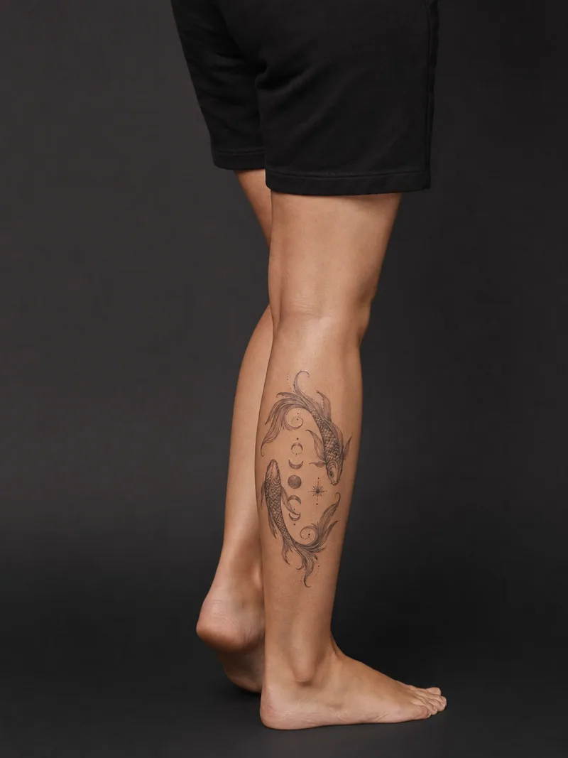 Pisces calf tattoo - two elegant fish circling around a vertical sequence of moon phases