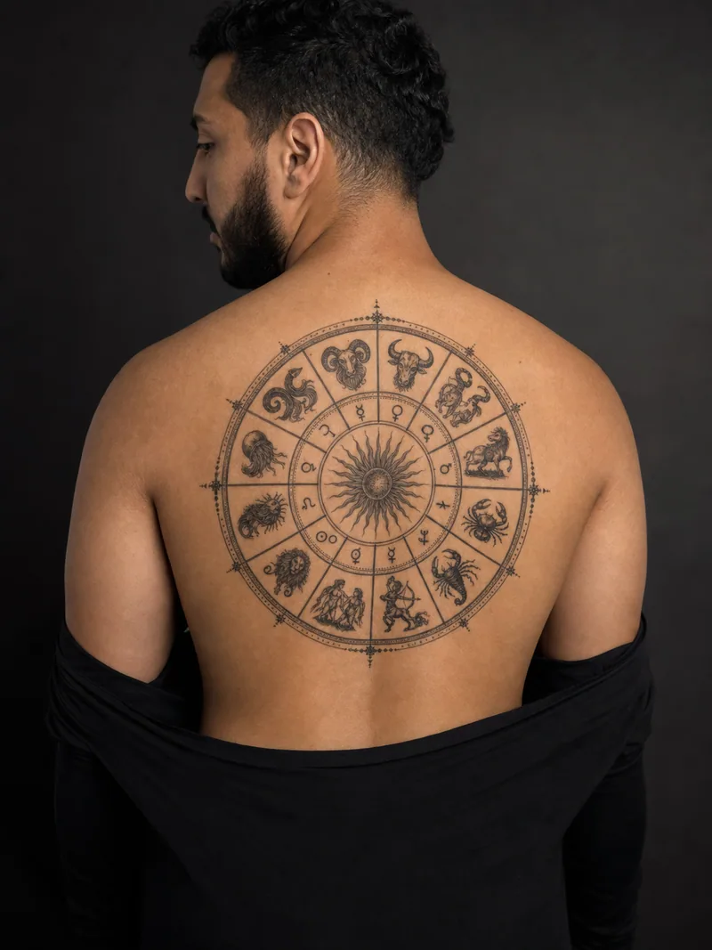 Zodiac wheel tattoo - complete twelve-part zodiac wheel arranged around a radiant sun