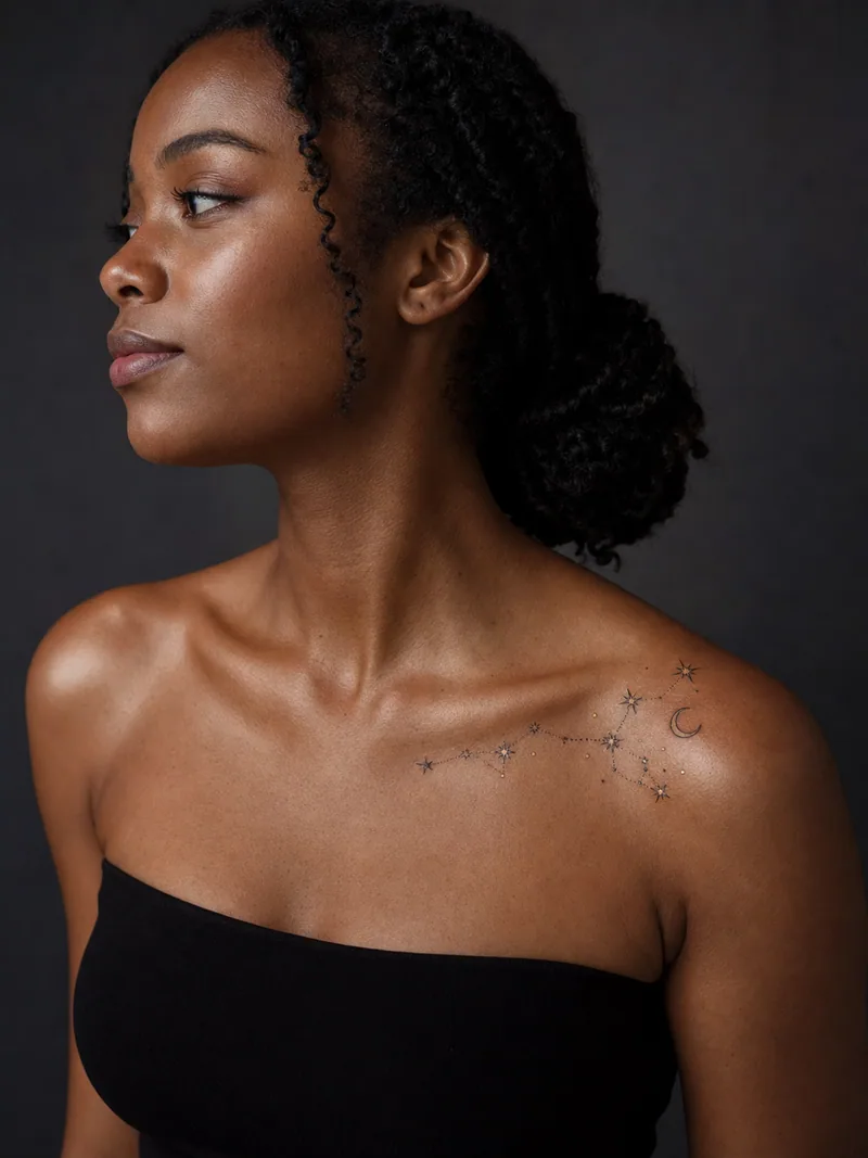 Birth constellation tattoo - personal constellation line flowing toward a crescent moon and tiny stars