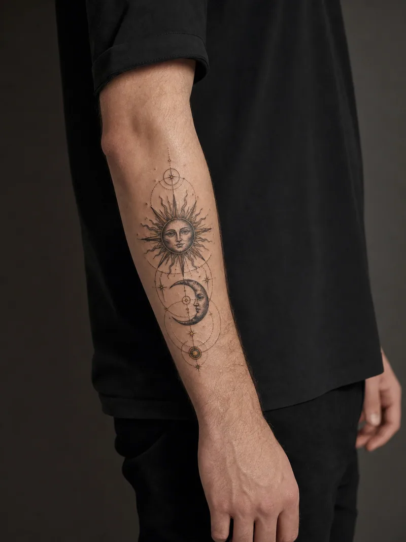 Sun and moon forearm tattoo - engraved sun and crescent moon balanced by delicate orbit lines