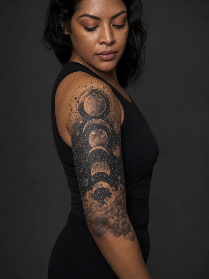 Celestial half sleeve tattoo - layered moon phases, planets, star maps and ornamental clouds