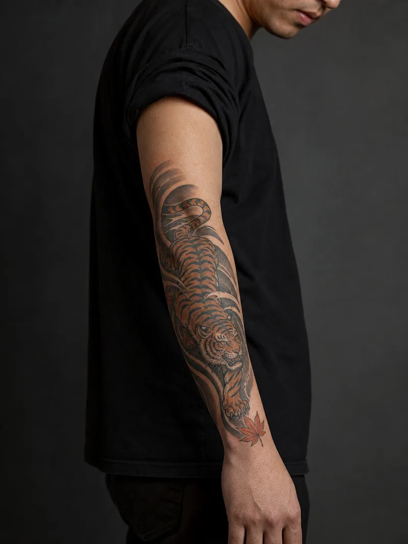 Japanese tiger tattoo - A moving tiger threaded through wind bars and one maple leaf.