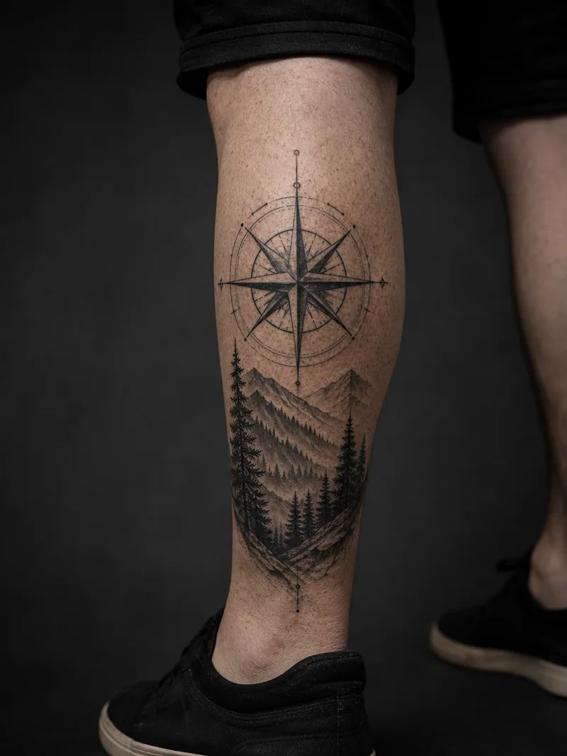 Compass forest tattoo - A compass rose rising above layered pines and a mountain valley.