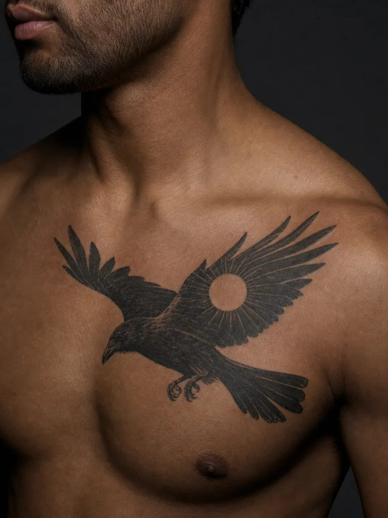 Raven chest tattoo - A flying raven whose wings frame a small negative-space sun.