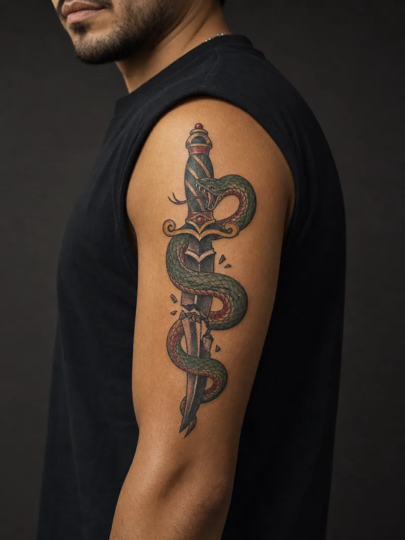 Snake and dagger tattoo - A green snake wrapped tightly around a broken red-handled dagger.
