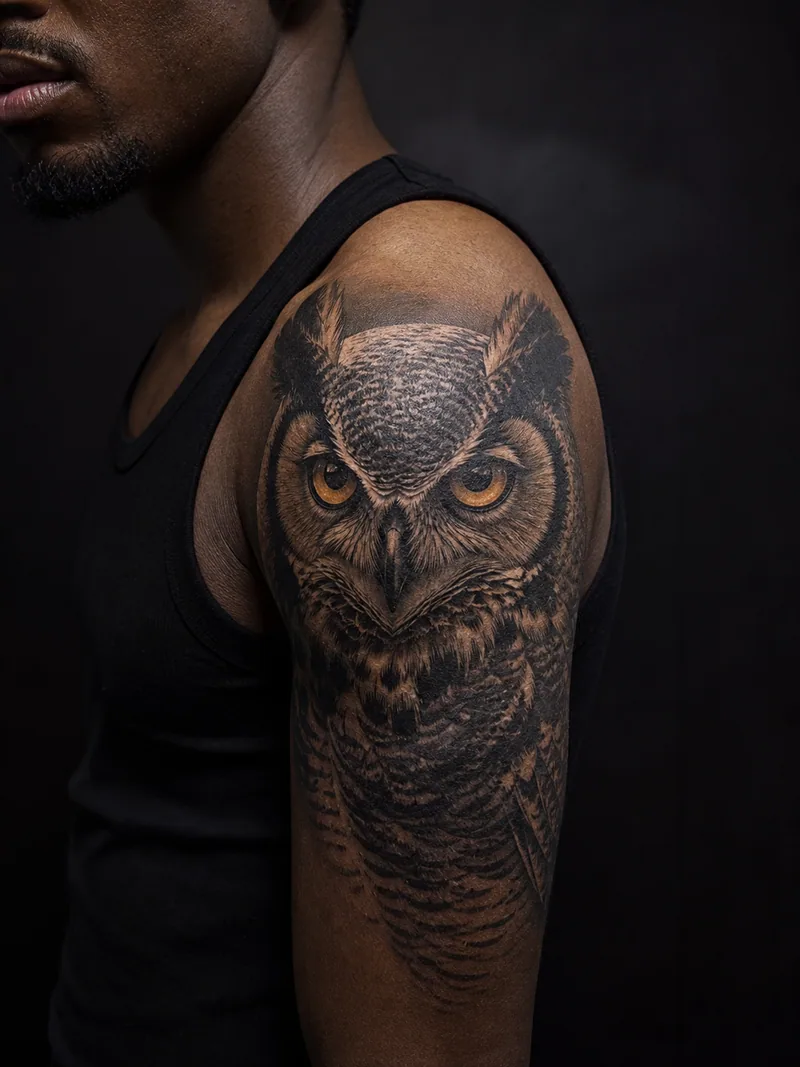 Realistic owl tattoo - A great horned owl portrait shaped to wrap the shoulder cap.
