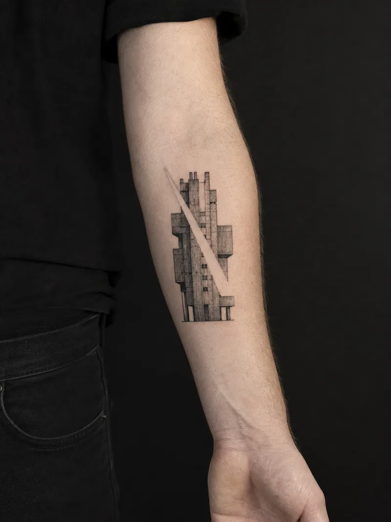 Brutalist architecture tattoo - A precise concrete facade cut by one diagonal sunbeam.
