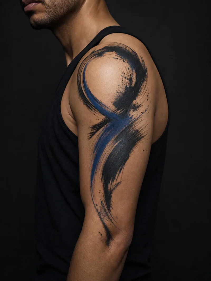 Abstract brush tattoo - Two bold brush gestures following the curve of the shoulder.