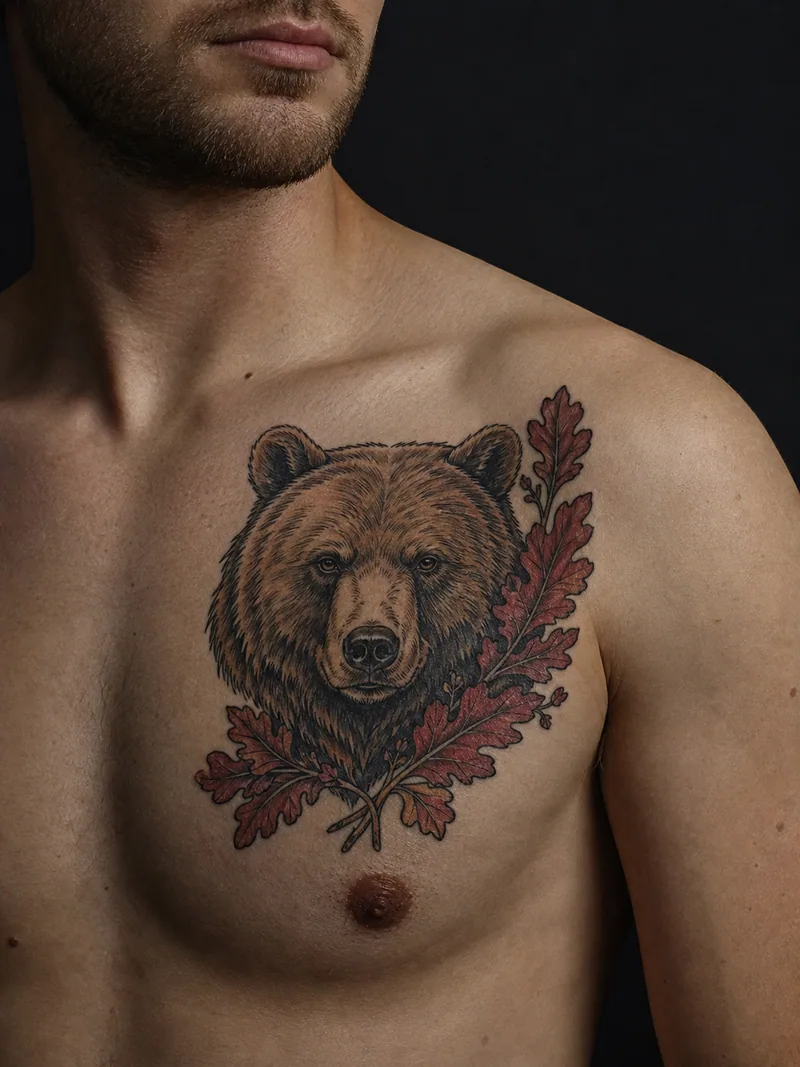 Bear and oak tattoo - A brown bear portrait framed by a cluster of red oak leaves.