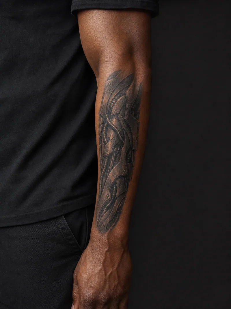 Biomechanical forearm tattoo - Interlocking steel plates and cable forms following the forearm.
