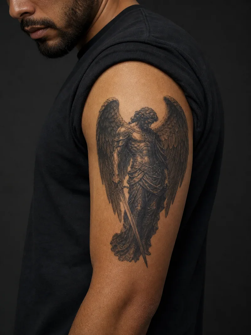 Archangel tattoo - A winged figure holding a lowered sword in a calm vertical pose.