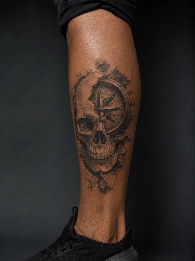 Skull compass tattoo - A non-graphic skull fused with a compass and fractured stone.