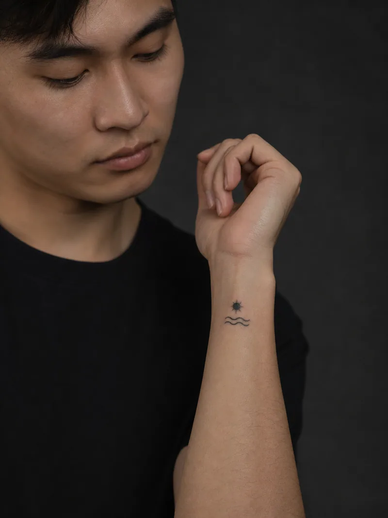 Minimal wave tattoo - Two parallel wave lines beneath one small solid sun.