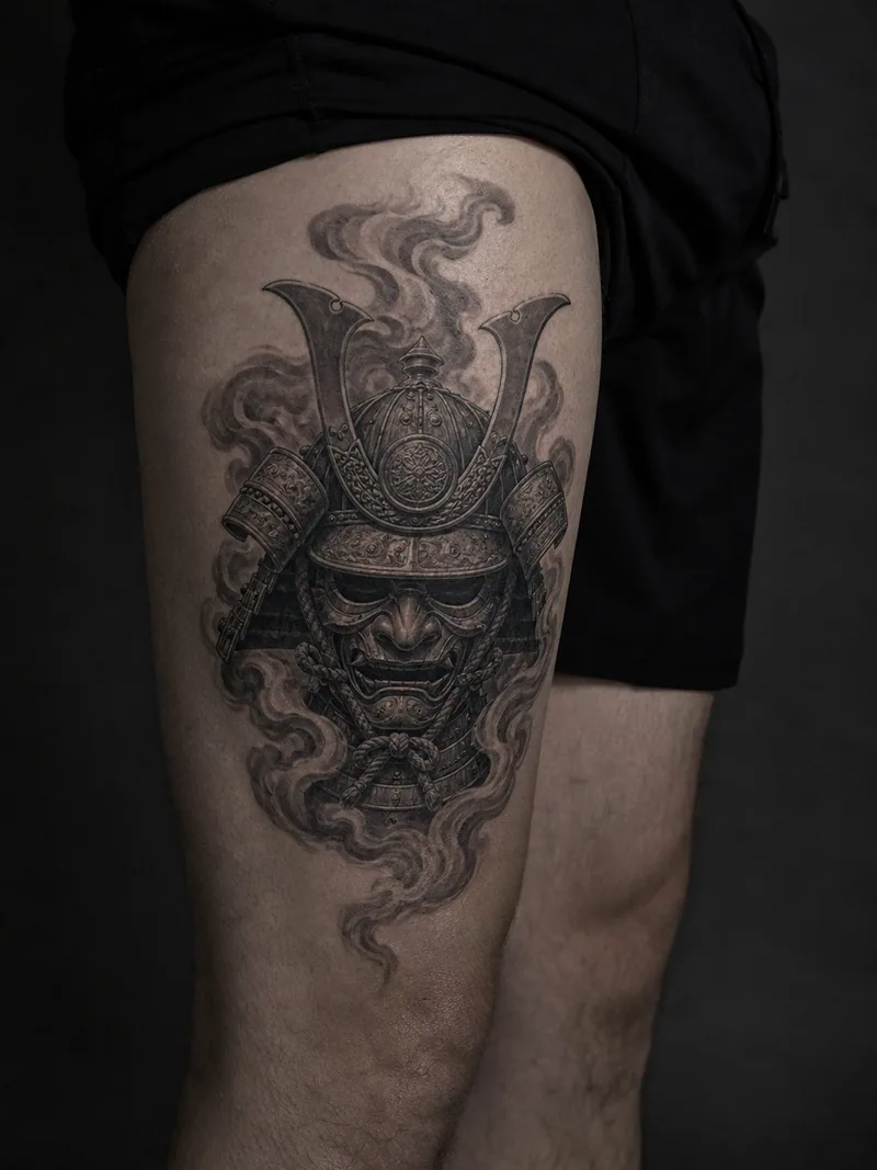 Samurai helmet tattoo - A detailed samurai helmet surrounded by controlled smoke curls.