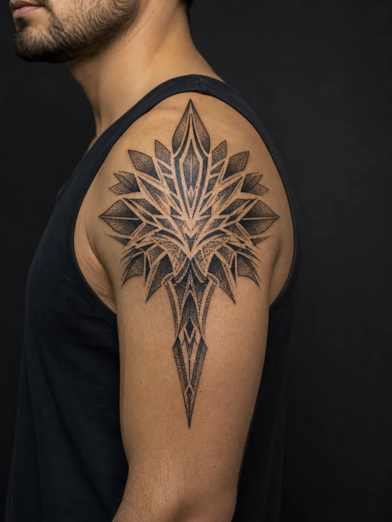 Ornamental shoulder tattoo - Spear-shaped geometry and dot shading fitted to the shoulder cap.