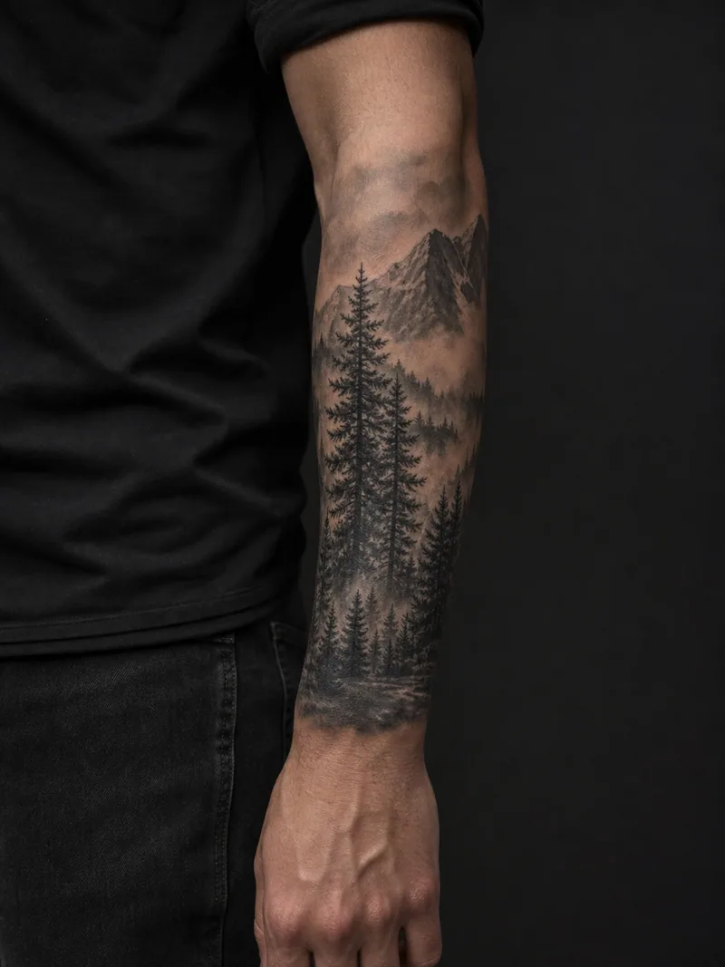 Forest forearm tattoo - Tall pine trees receding into a narrow band of mountain mist.