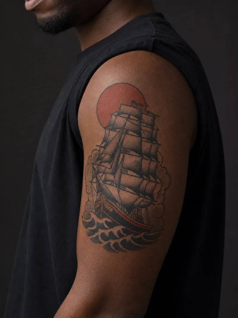 Traditional ship tattoo - A clipper ship sailing beneath a flat red sun.