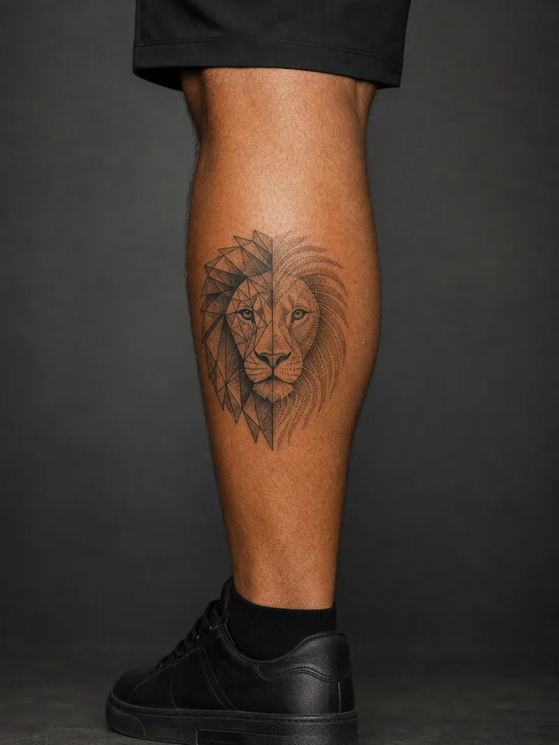Geometric lion tattoo - A lion face divided between angular facets and dotted arcs.