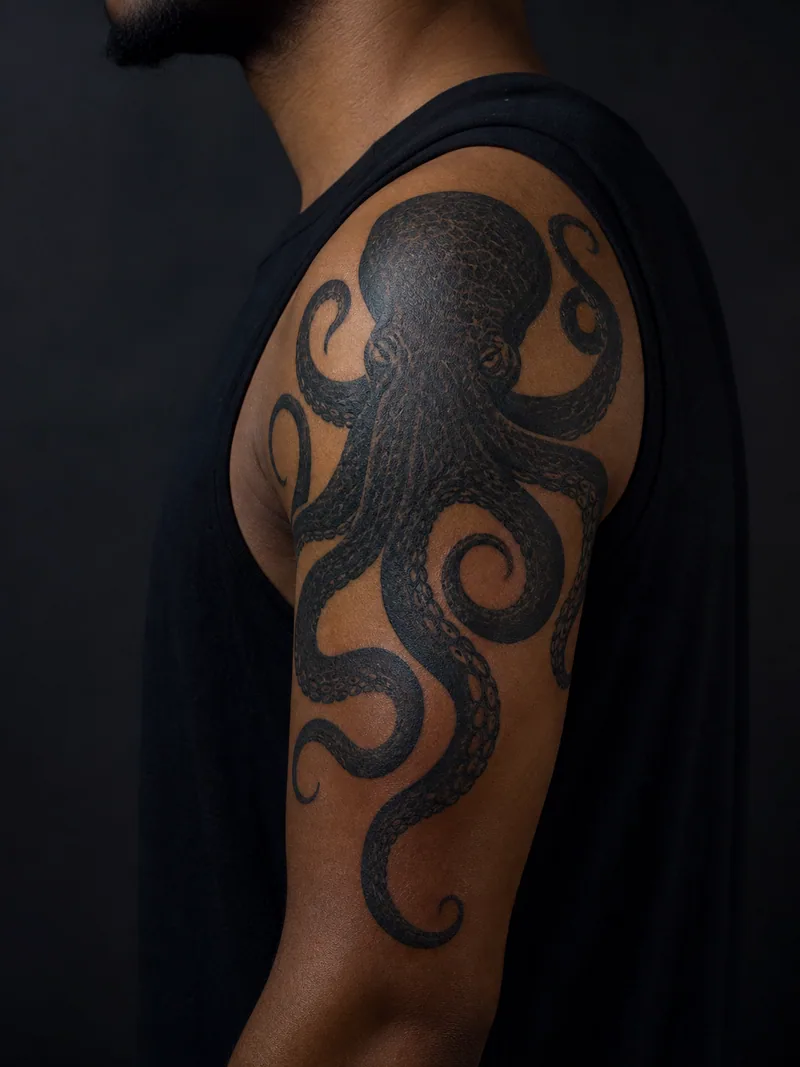 Blackwork octopus tattoo - An octopus wrapping the shoulder through bold negative-space channels.
