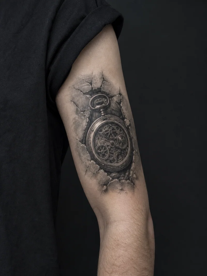 Pocket watch tattoo - An antique watch emerging from fractured stone without readable numerals.