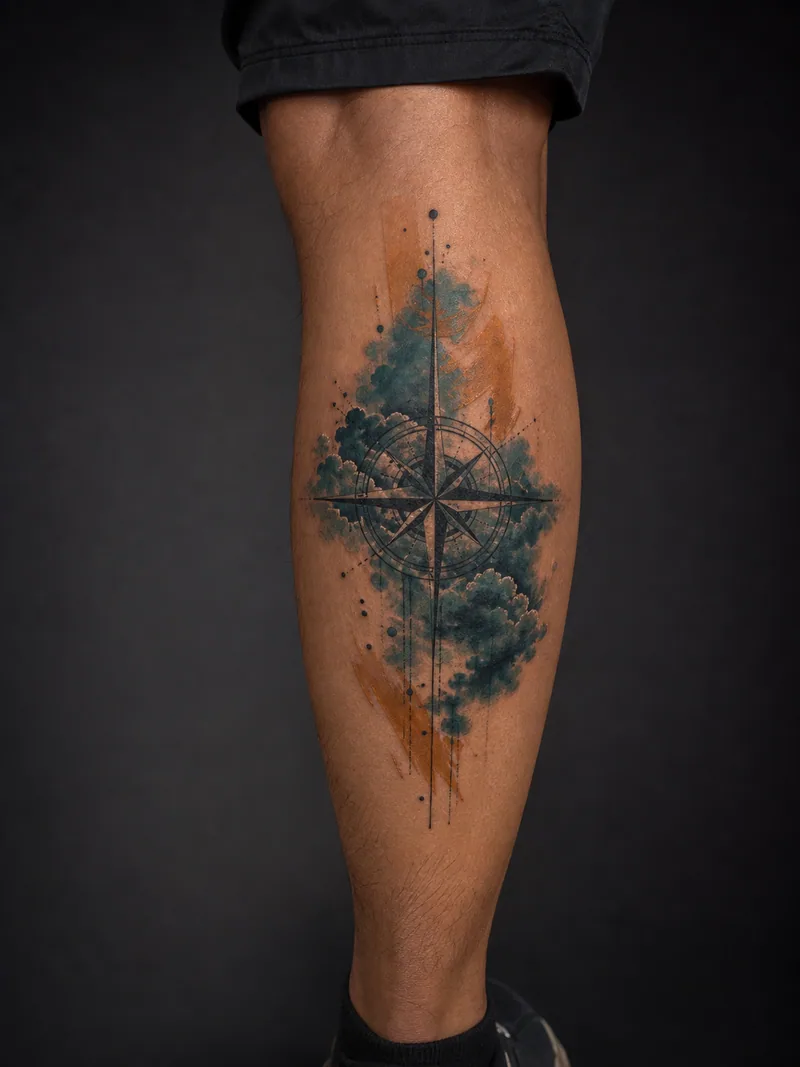 Watercolor compass tattoo - A compass crossing a teal cloud and restrained ochre brush marks.