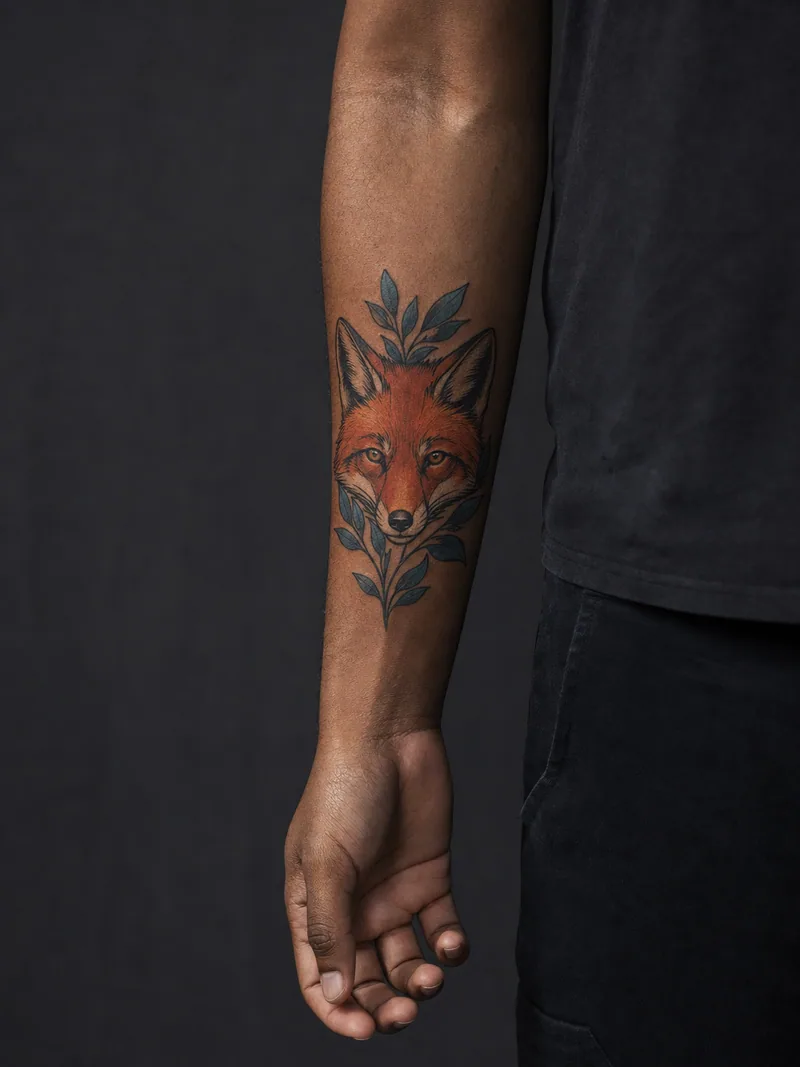 Neo-traditional fox tattoo - A red fox head balanced by a fan of deep blue leaves.