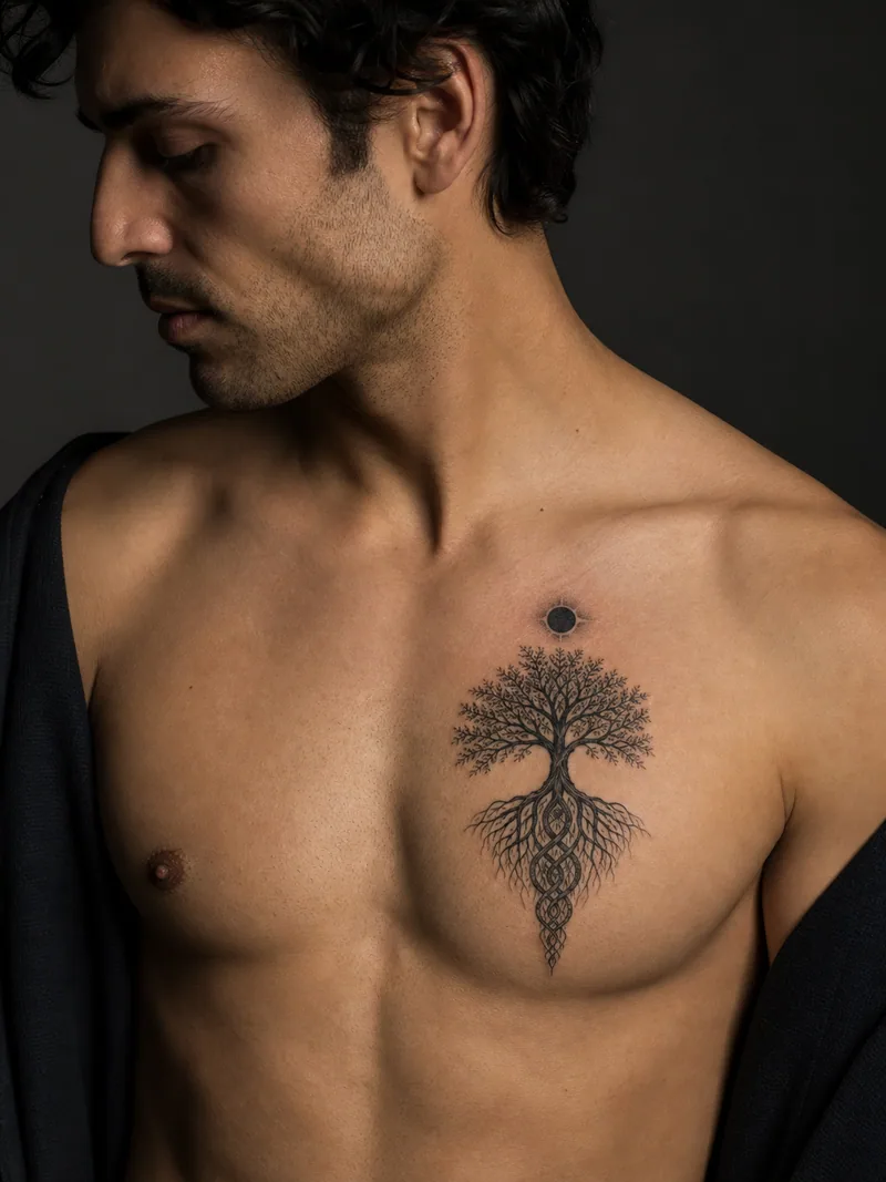Tree and eclipse tattoo - A rooted tree standing beneath a small negative-space eclipse.
