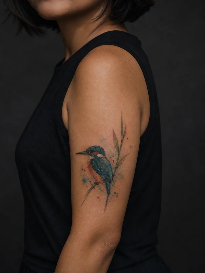 Watercolor kingfisher tattoo - A small kingfisher perched on reeds with restrained pigment washes.