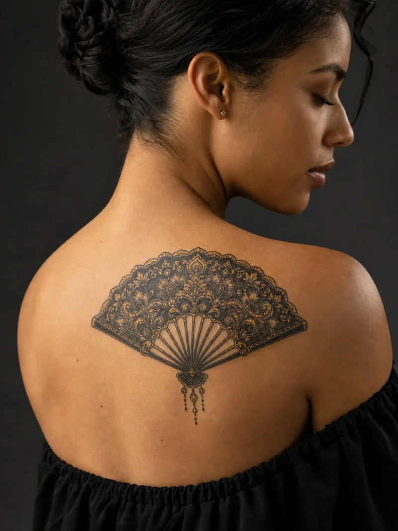 Ornamental fan tattoo - A folding fan filled with dense filigree and a delicate hanging detail.