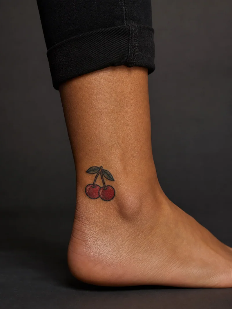 Traditional cherry tattoo - Two bright cherries drawn with bold outlines and compact leaves.
