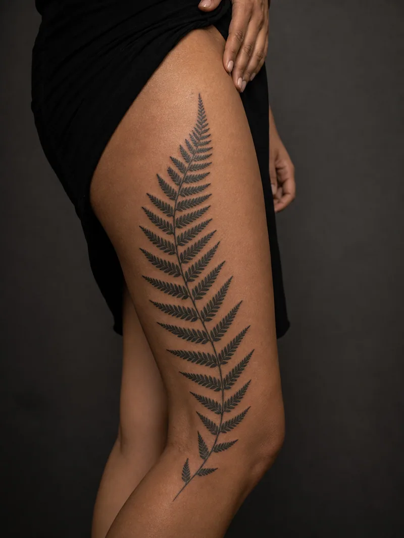 Blackwork fern tattoo - A long fern frond shaped to follow the natural line of the thigh.