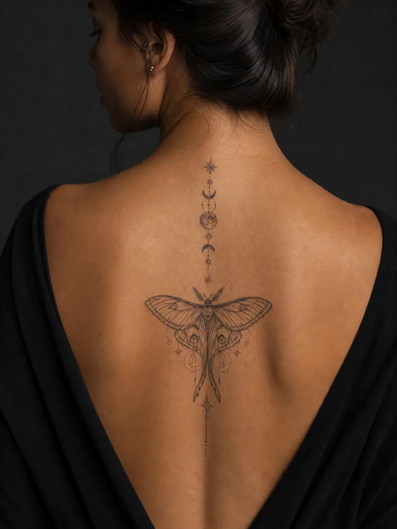 Celestial moth tattoo - A centered moth extended by small stars and a vertical moon phase trail.