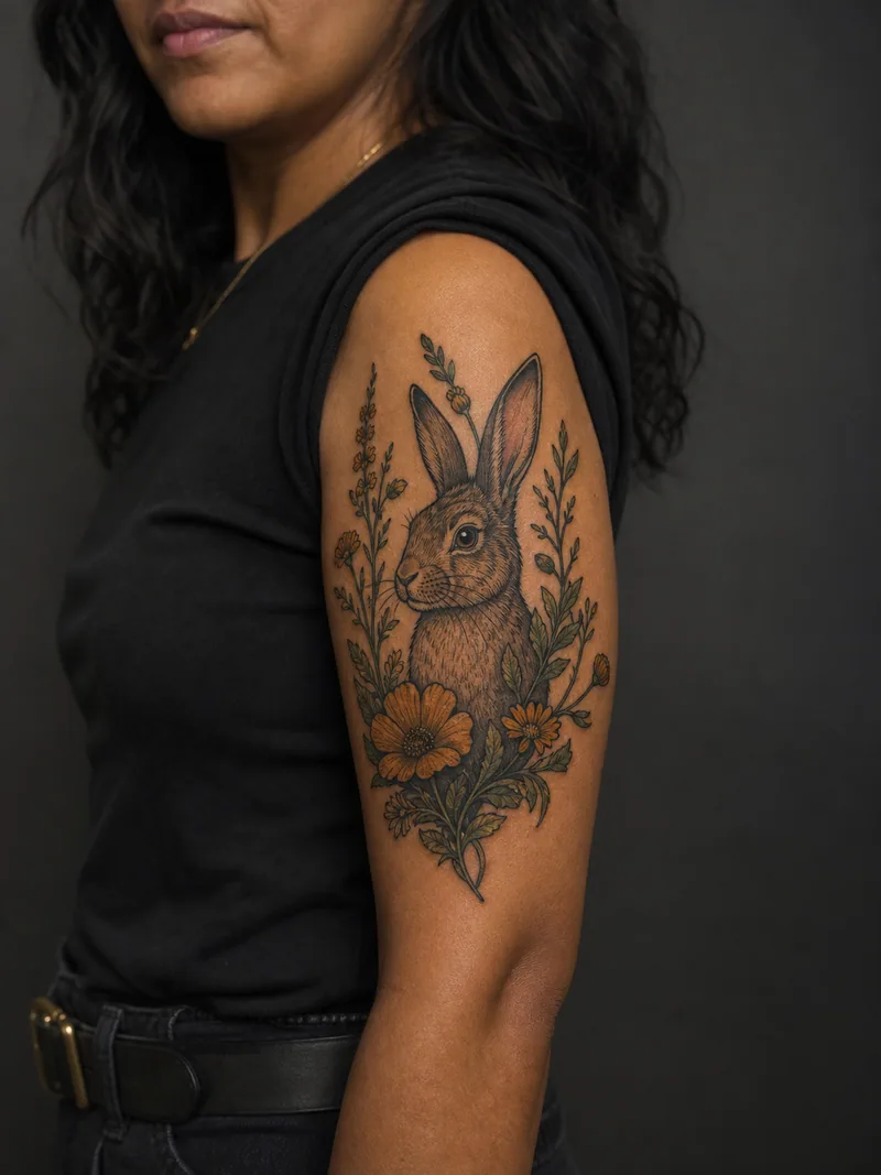Neo-traditional rabbit tattoo - A watchful rabbit portrait framed by layered wildflowers and leaves.