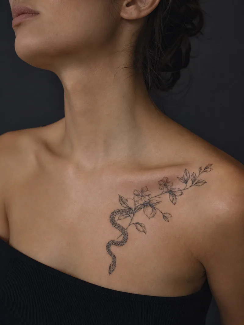 Botanical snake tattoo - A slender snake moves beneath a light jasmine branch across the collarbone.