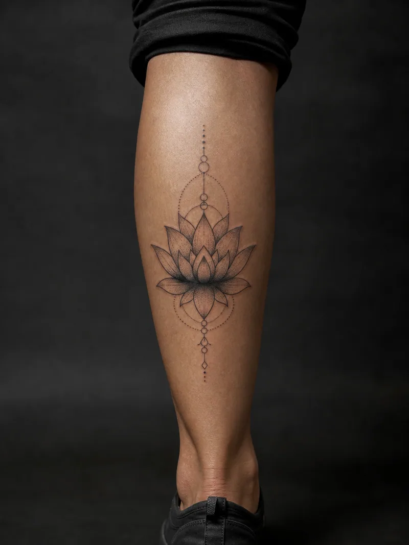 Geometric lotus tattoo - A symmetrical lotus anchored by pointed geometry and gentle dot shading.