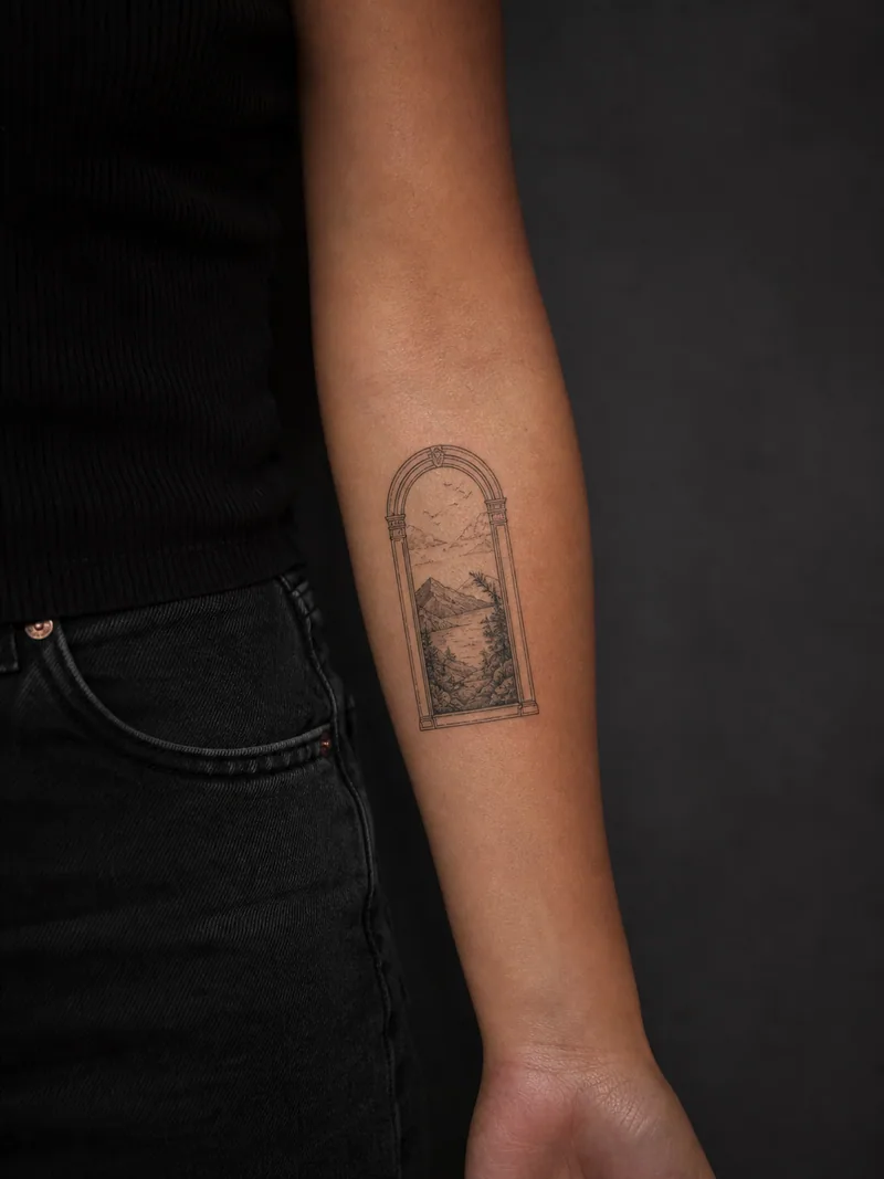 Architectural window tattoo - An arched window contains a tiny landscape rendered in precise micro lines.