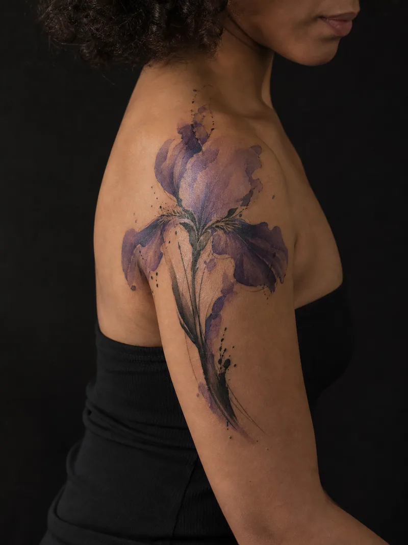 Watercolor iris tattoo - A tall iris crosses the shoulder through loose violet and indigo washes.